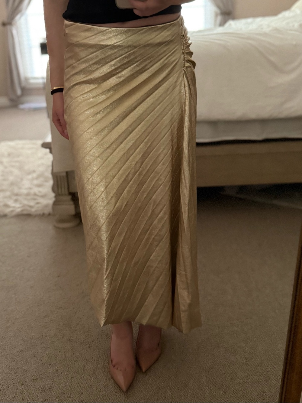 A.L.C. Metallic Gold Asymmetrical Pleated Vegan Midi Skirt